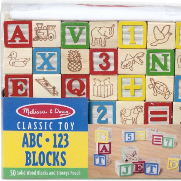 Melissa & Doug Deluxe Wooden ABC/123 1-Inch Blocks Set W/Storage Pouch (50 pcs) - Picture 1 of 6